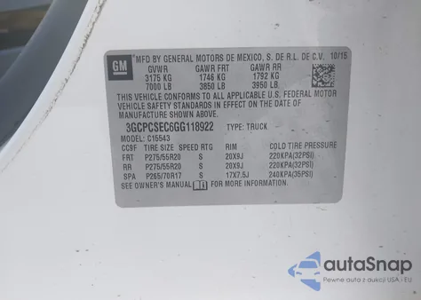 2016 Chevrolet Silverado 1500 1Lz from USA, damaged, VIN 3GCPCSEC6GG118922